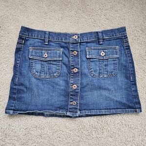Y2K Old Navy ultra low rise denim jean mini skirt dark wash button fly size 10